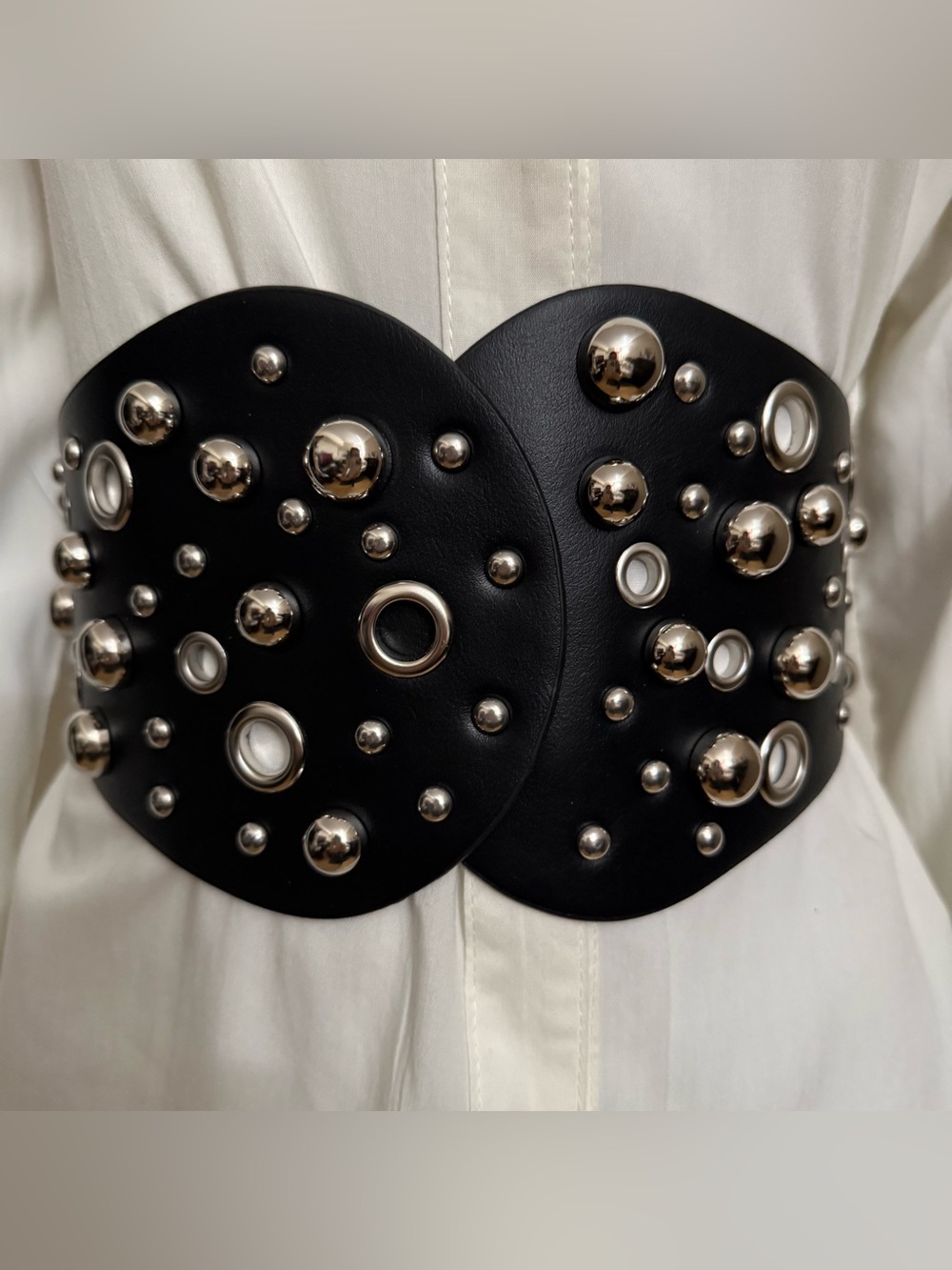 Black studded PU leather elastic waistband corset belt